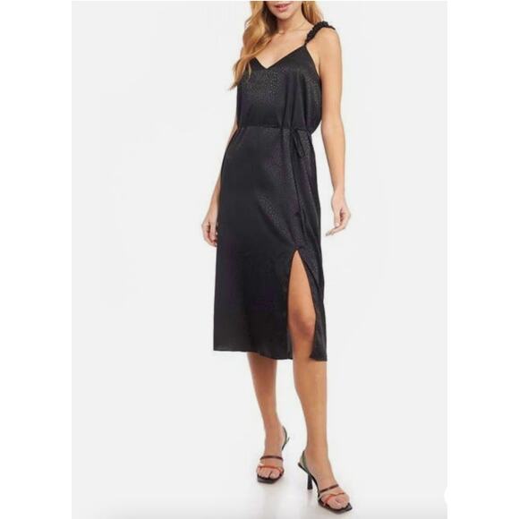 Slit Satin Strap Midi Dress In Black Cocktail Medium M - Picture 1 of 7